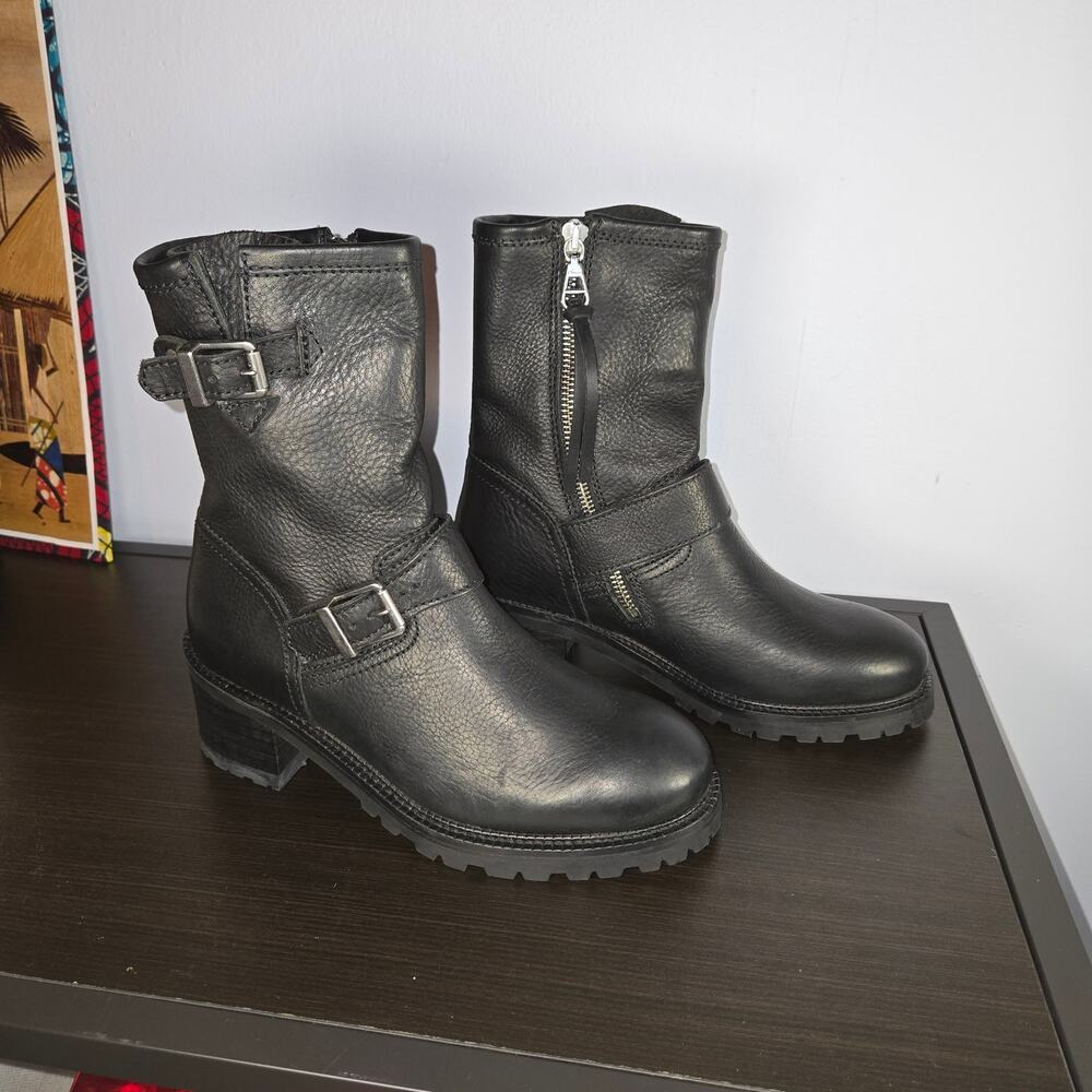 Polo Ralph Lauren Payge Black Leather Moto Boots Sz 5.5B NWOB Portugal Lug Sole
